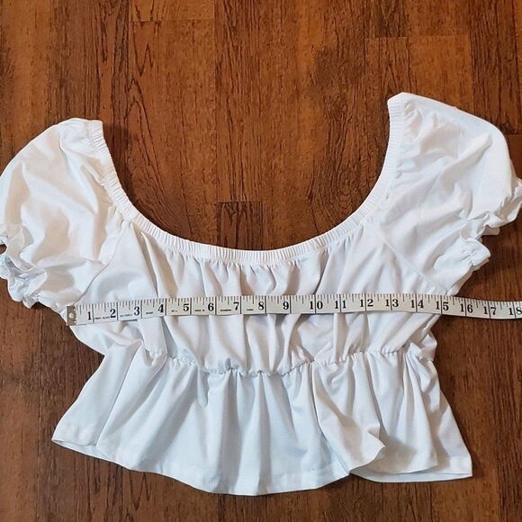 Shein Womens Sz Large White Puff Sleeve Peplum Tie Front Crop Top - Picture 7 of 9